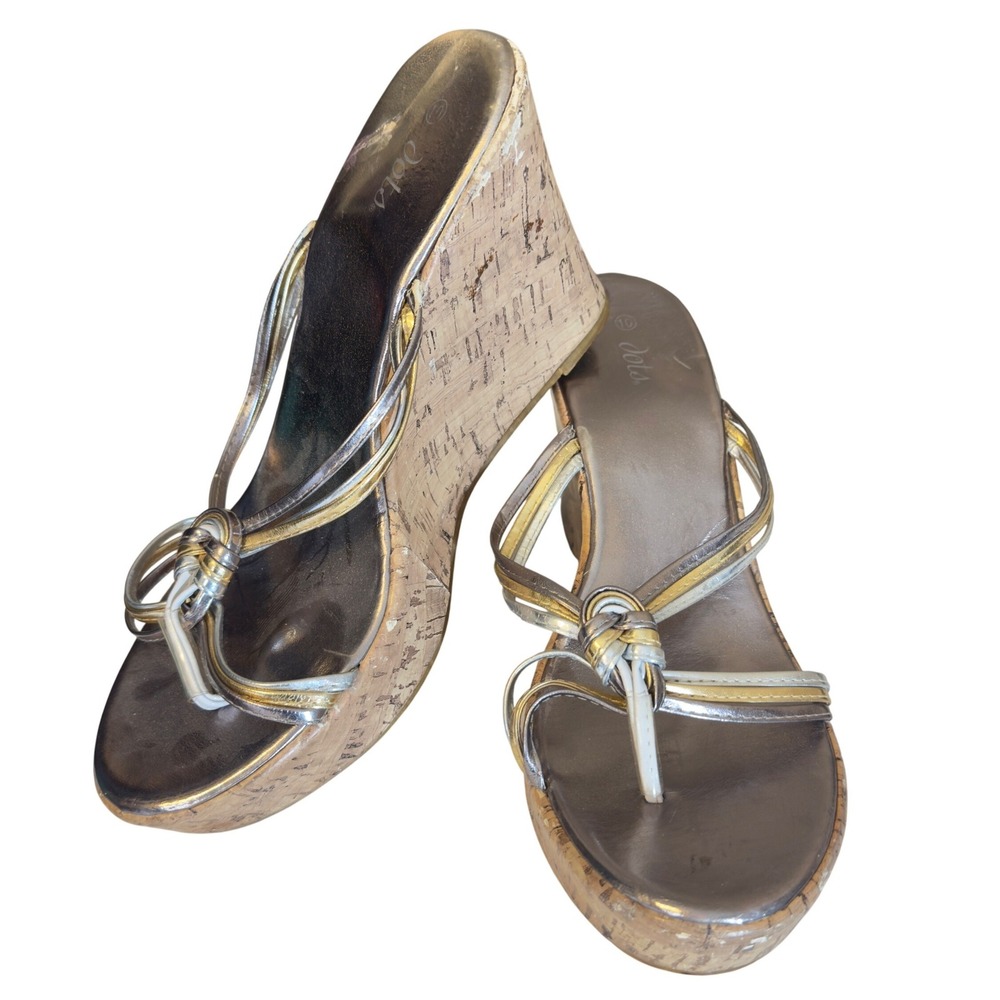 557 | Dots Metallic Cork Wedge Sandals Womens Size 10 Gold Silver Thong Slides